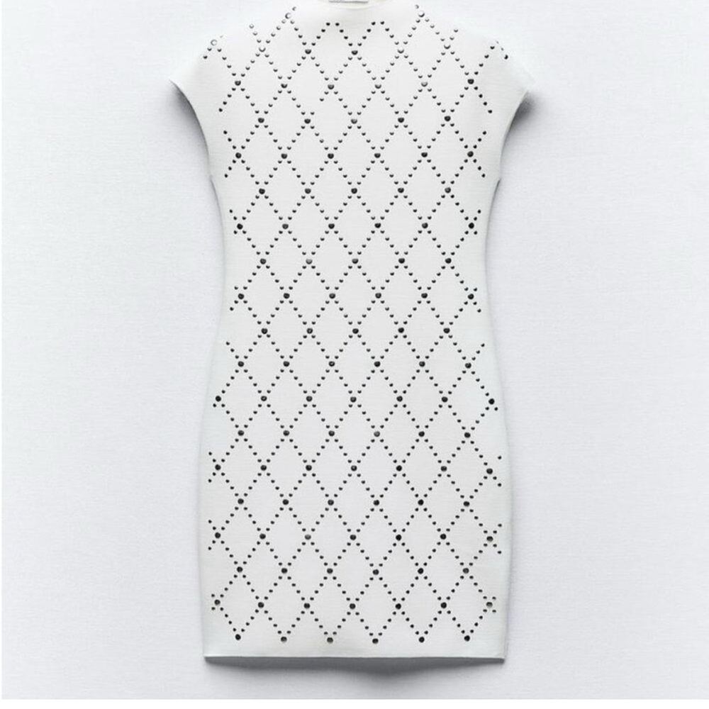Zara White knit Mini Dress with Diamond Pattern